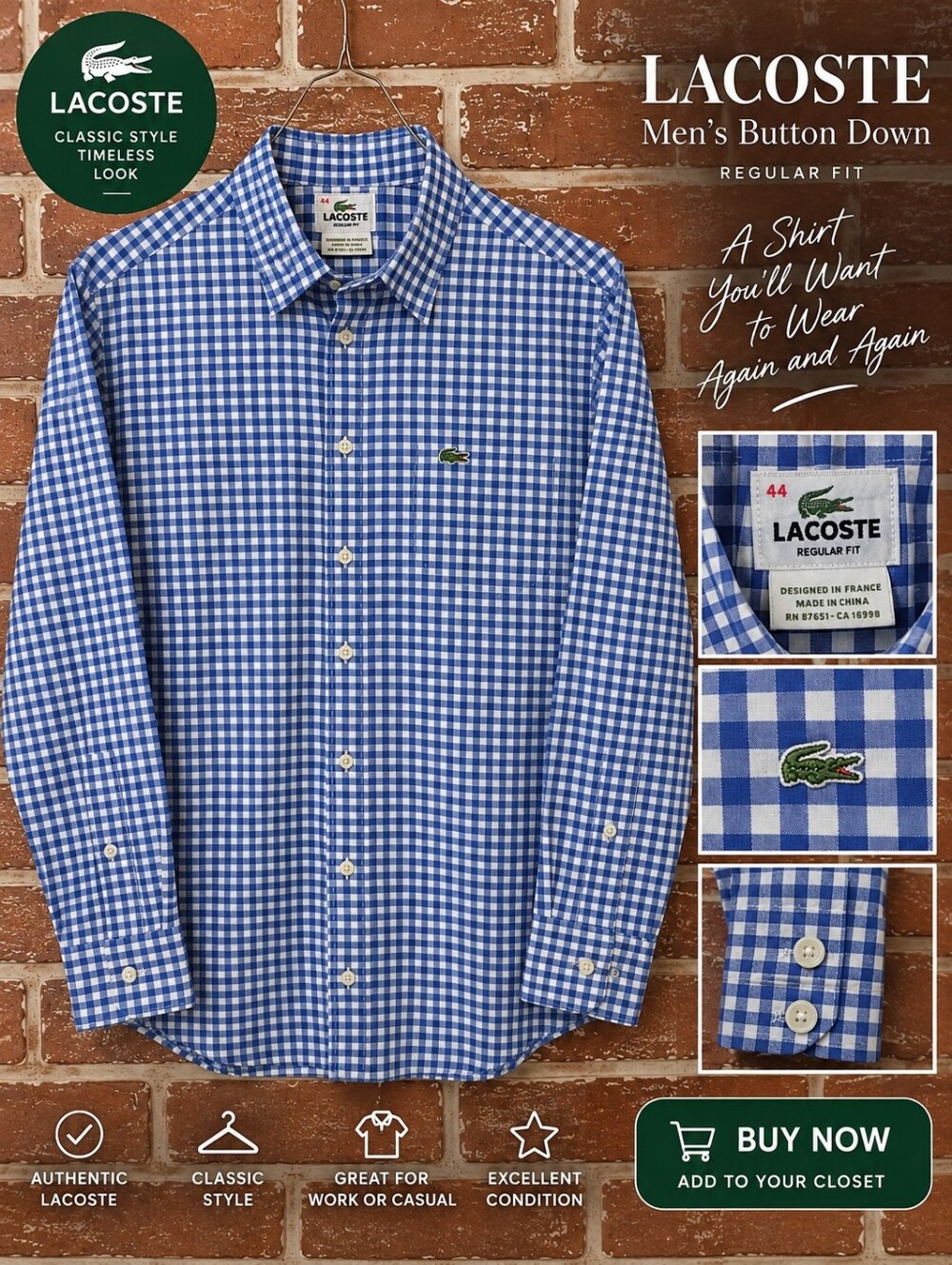 Lacoste Men’s XL 44 Regular Fit Blue White Gingham Check Button Down Shirt
